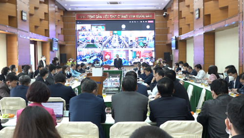 Quang cảnh hội nghị giao ban trực tuyến tại điểm cầu Hà Nội